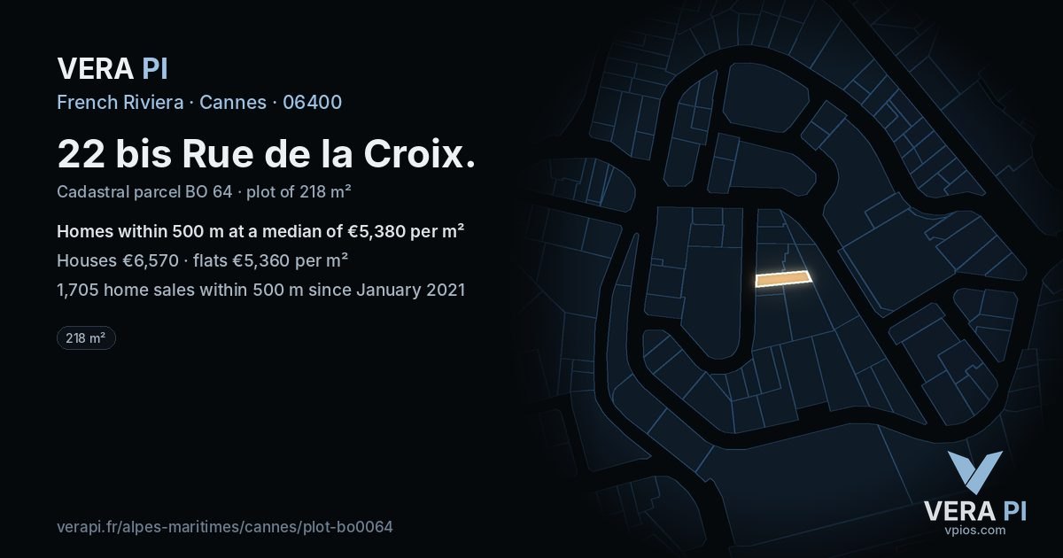22 bis Rue de la Croix, Cannes at night – the plot lit, the parcels around coloured by the prices near them