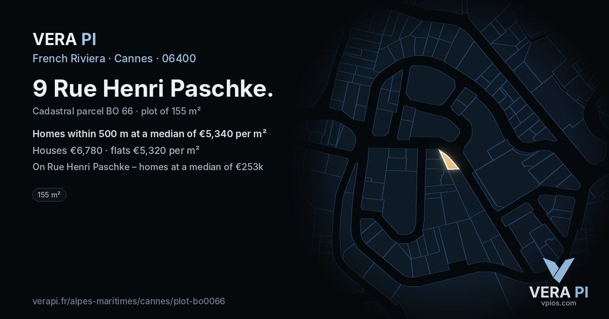 9 Rue Henri Paschke, Cannes at night – the plot lit, the parcels around coloured by the prices near them