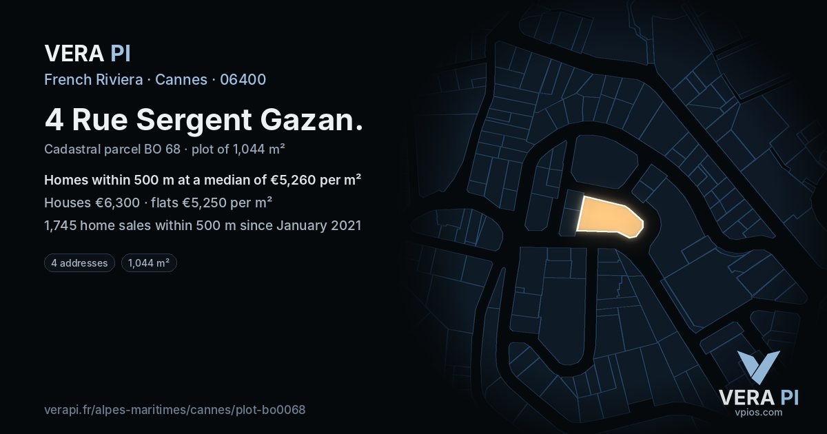 4 Rue Sergent Gazan, Cannes at night – the plot lit, the parcels around coloured by the prices near them