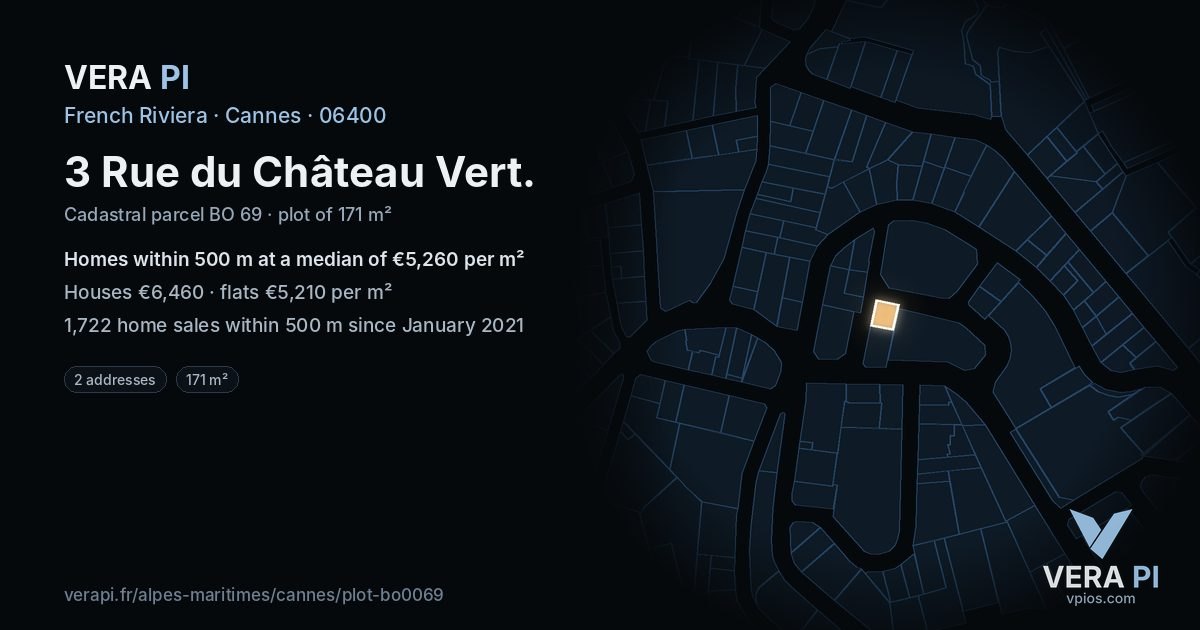 3 Rue du Château Vert, Cannes at night – the plot lit, the parcels around coloured by the prices near them