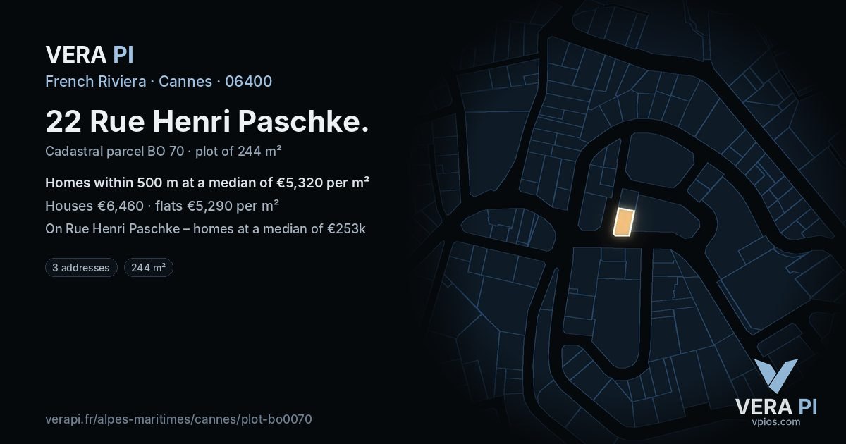 22 Rue Henri Paschke, Cannes at night – the plot lit, the parcels around coloured by the prices near them