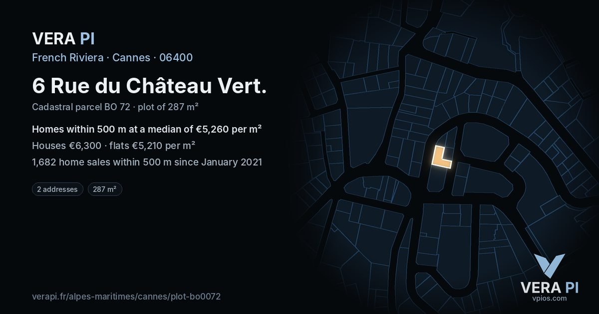 6 Rue du Château Vert, Cannes at night – the plot lit, the parcels around coloured by the prices near them