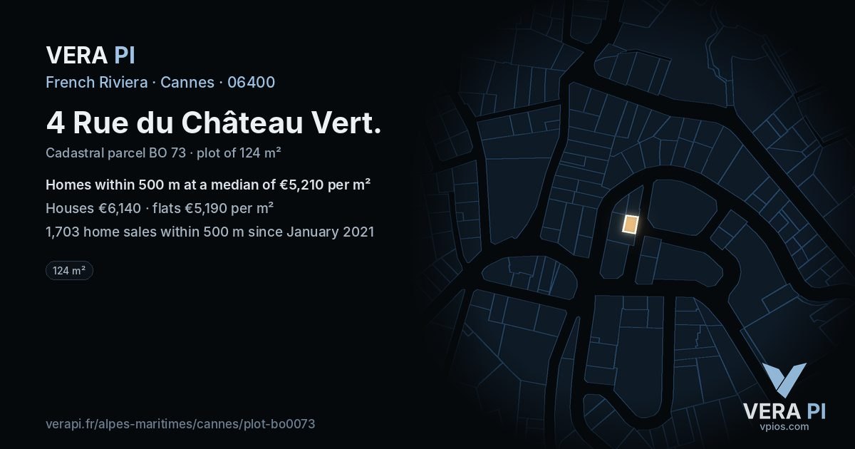 4 Rue du Château Vert, Cannes at night – the plot lit, the parcels around coloured by the prices near them