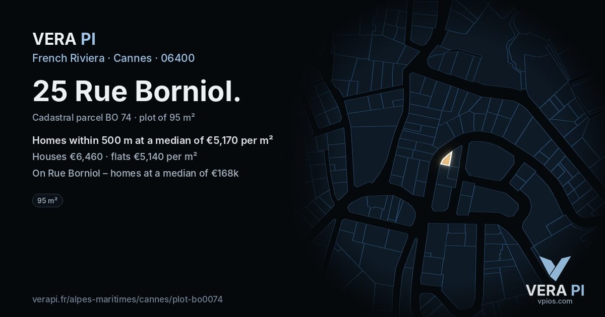 25 Rue Borniol, Cannes at night – the plot lit, the parcels around coloured by the prices near them