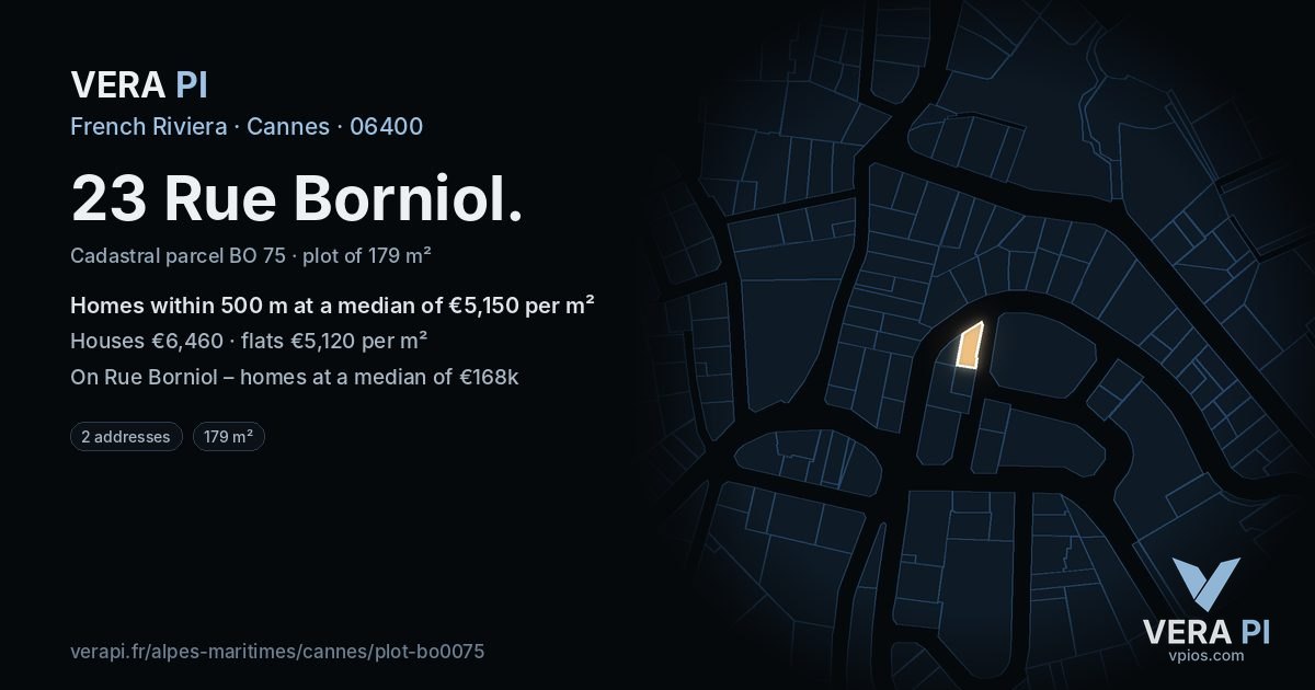 23 Rue Borniol, Cannes at night – the plot lit, the parcels around coloured by the prices near them
