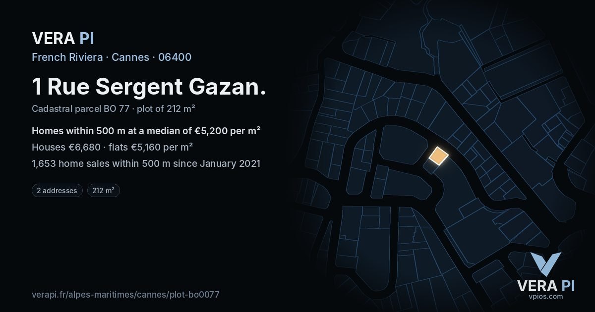 1 Rue Sergent Gazan, Cannes at night – the plot lit, the parcels around coloured by the prices near them