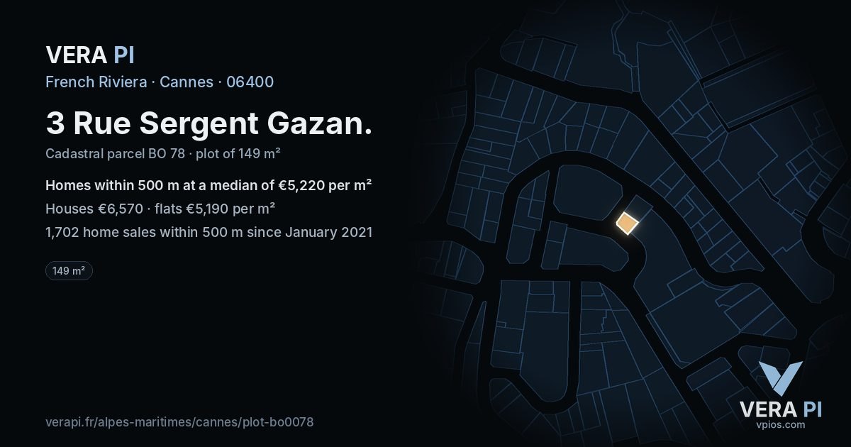 3 Rue Sergent Gazan, Cannes at night – the plot lit, the parcels around coloured by the prices near them