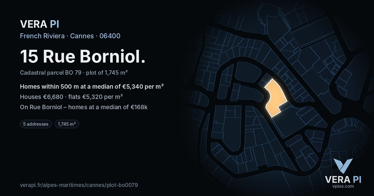 15 Rue Borniol, Cannes at night – the plot lit, the parcels around coloured by the prices near them
