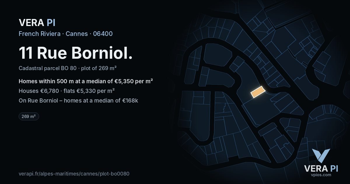 11 Rue Borniol, Cannes at night – the plot lit, the parcels around coloured by the prices near them