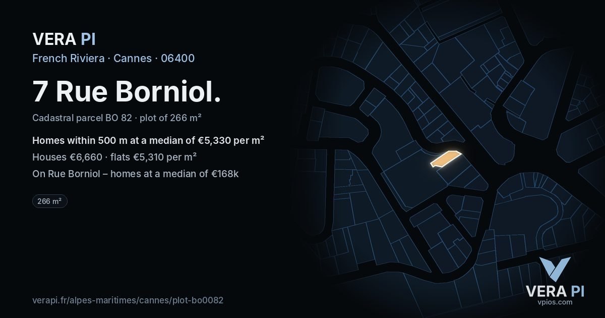 7 Rue Borniol, Cannes at night – the plot lit, the parcels around coloured by the prices near them