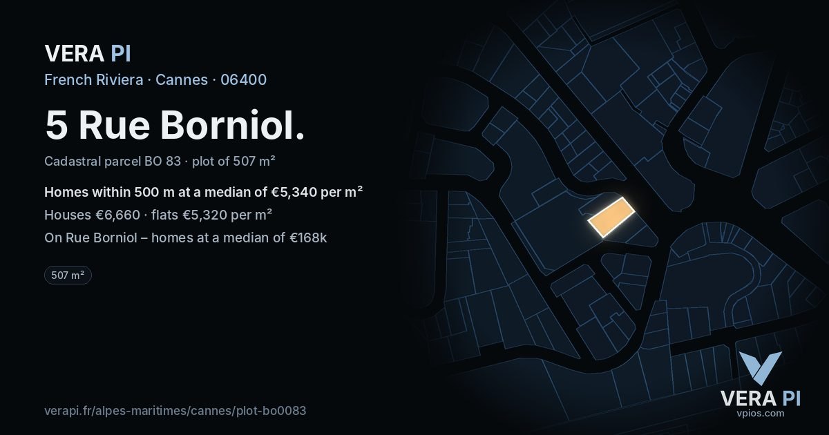 5 Rue Borniol, Cannes at night – the plot lit, the parcels around coloured by the prices near them