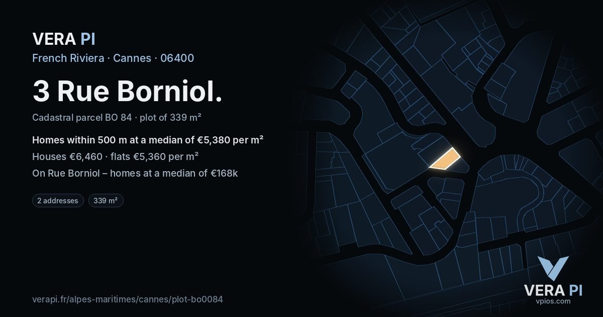 3 Rue Borniol, Cannes at night – the plot lit, the parcels around coloured by the prices near them