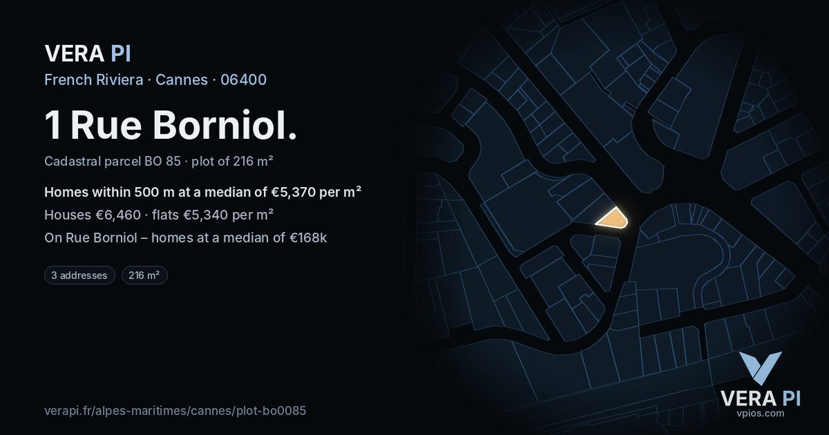1 Rue Borniol, Cannes at night – the plot lit, the parcels around coloured by the prices near them
