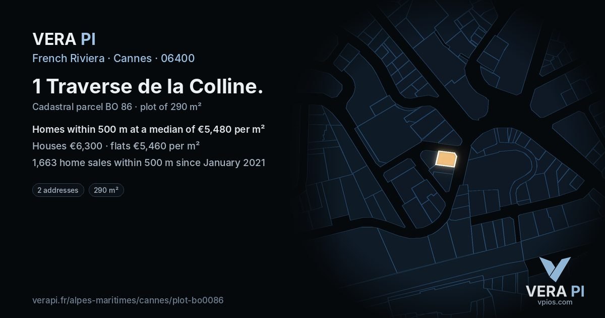 1 Traverse de la Colline, Cannes at night – the plot lit, the parcels around coloured by the prices near them