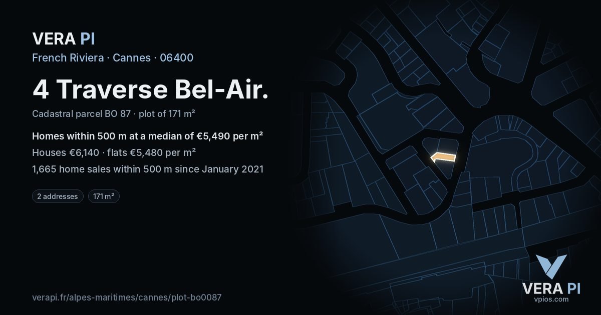 4 Traverse Bel-Air, Cannes at night – the plot lit, the parcels around coloured by the prices near them
