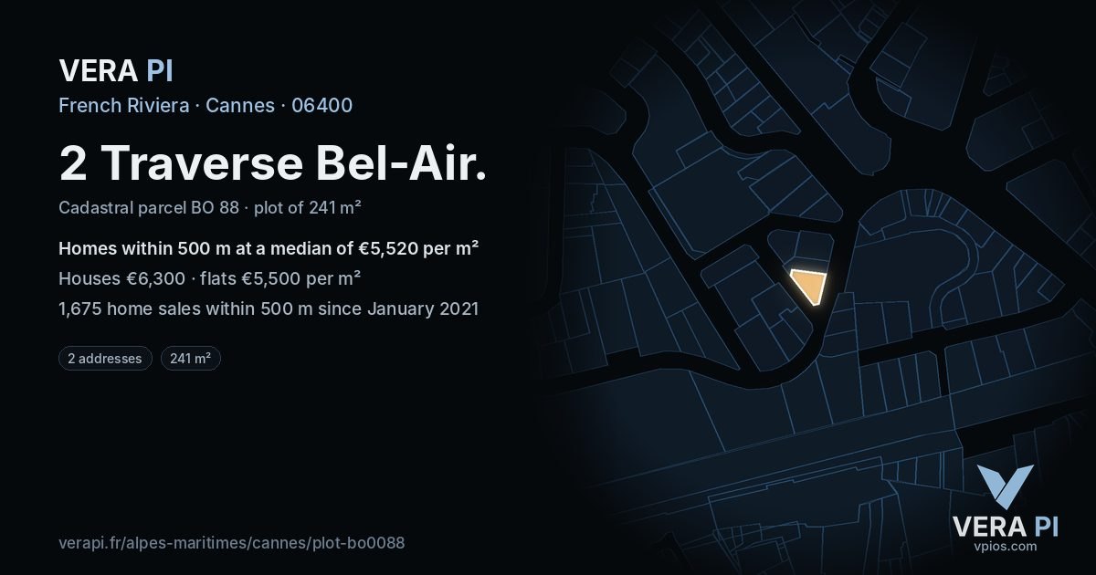 2 Traverse Bel-Air, Cannes at night – the plot lit, the parcels around coloured by the prices near them