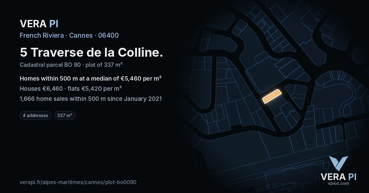 5 Traverse de la Colline, Cannes at night – the plot lit, the parcels around coloured by the prices near them