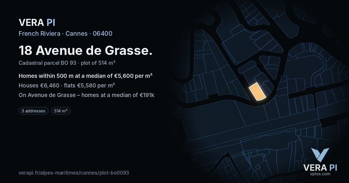 18 Avenue de Grasse, Cannes at night – the plot lit, the parcels around coloured by the prices near them