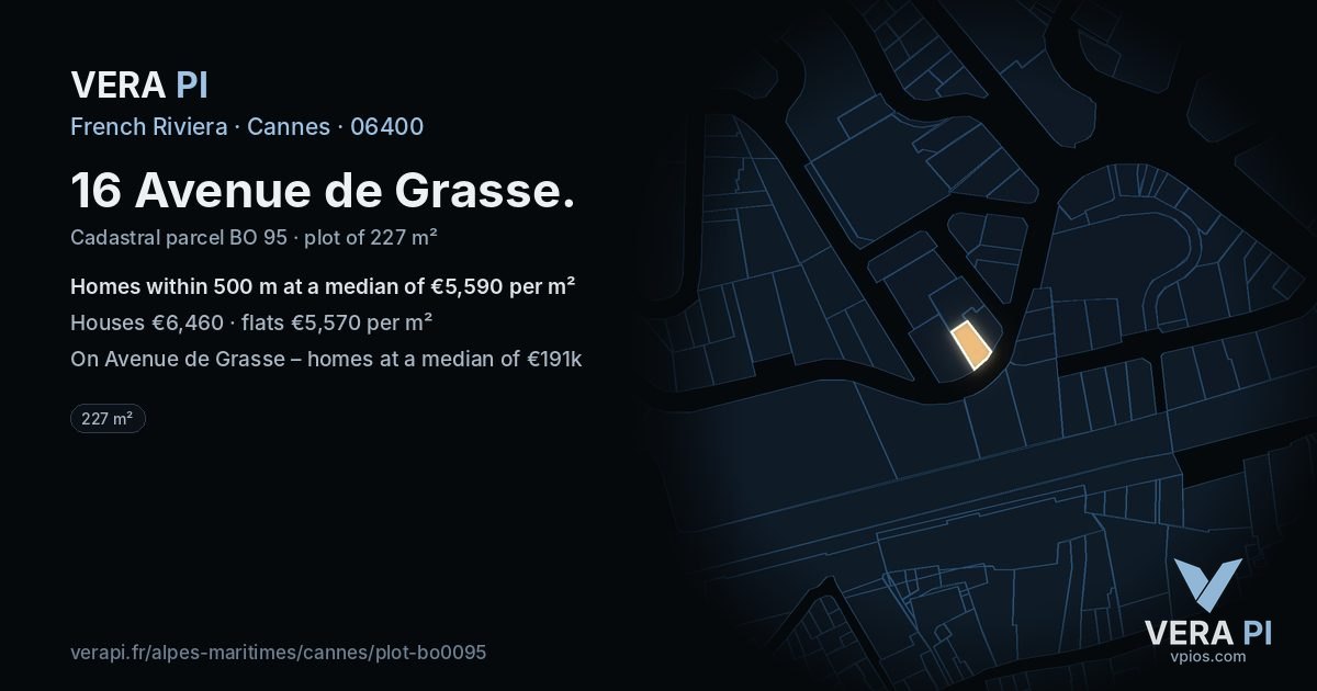 16 Avenue de Grasse, Cannes at night – the plot lit, the parcels around coloured by the prices near them