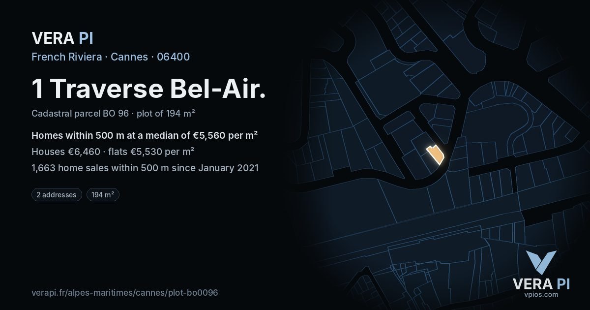 1 Traverse Bel-Air, Cannes at night – the plot lit, the parcels around coloured by the prices near them