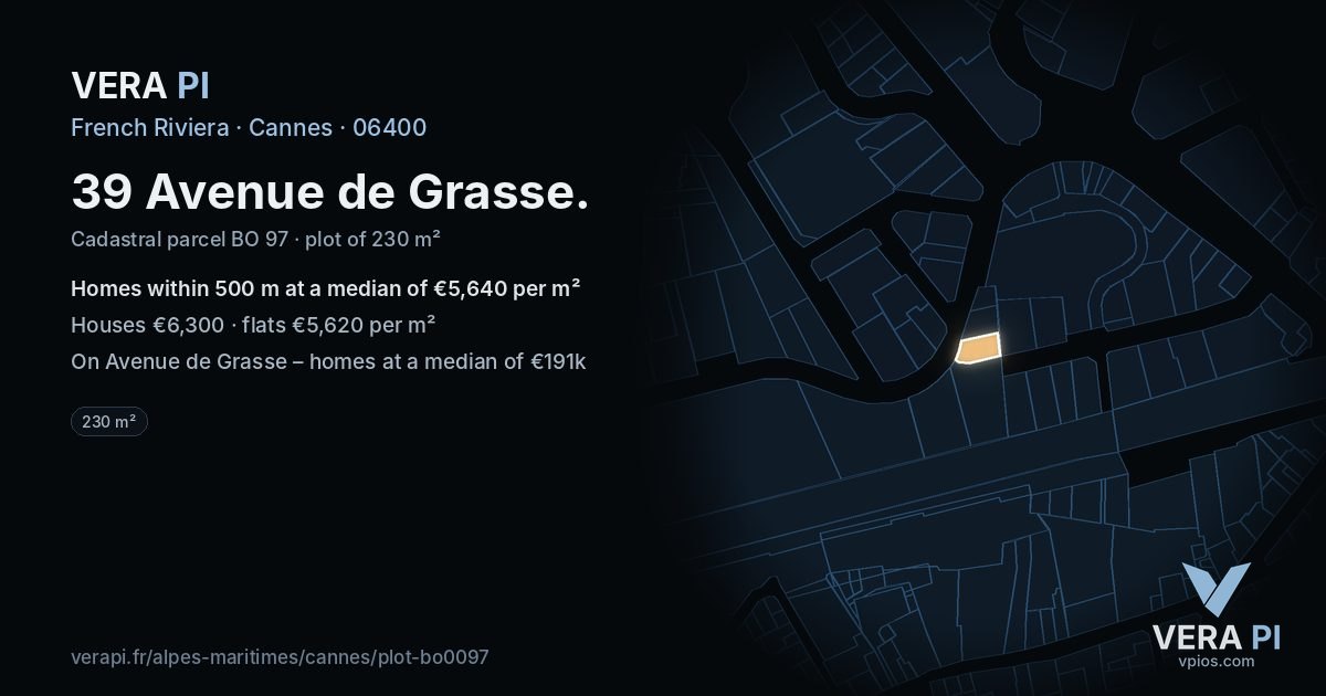 39 Avenue de Grasse, Cannes at night – the plot lit, the parcels around coloured by the prices near them