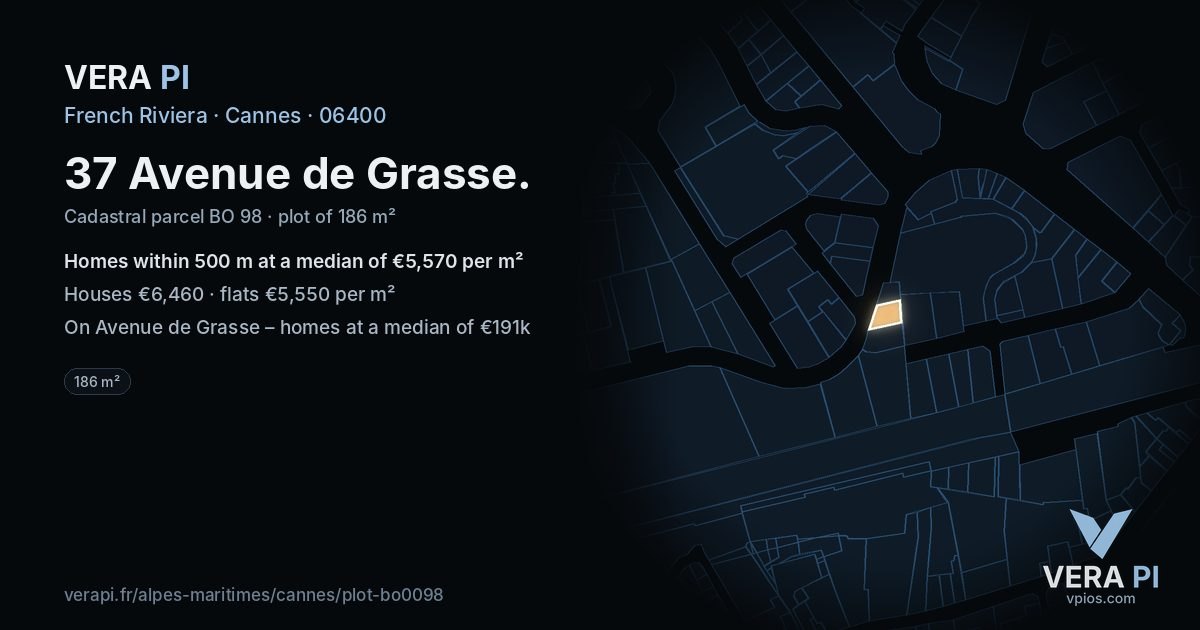 37 Avenue de Grasse, Cannes at night – the plot lit, the parcels around coloured by the prices near them