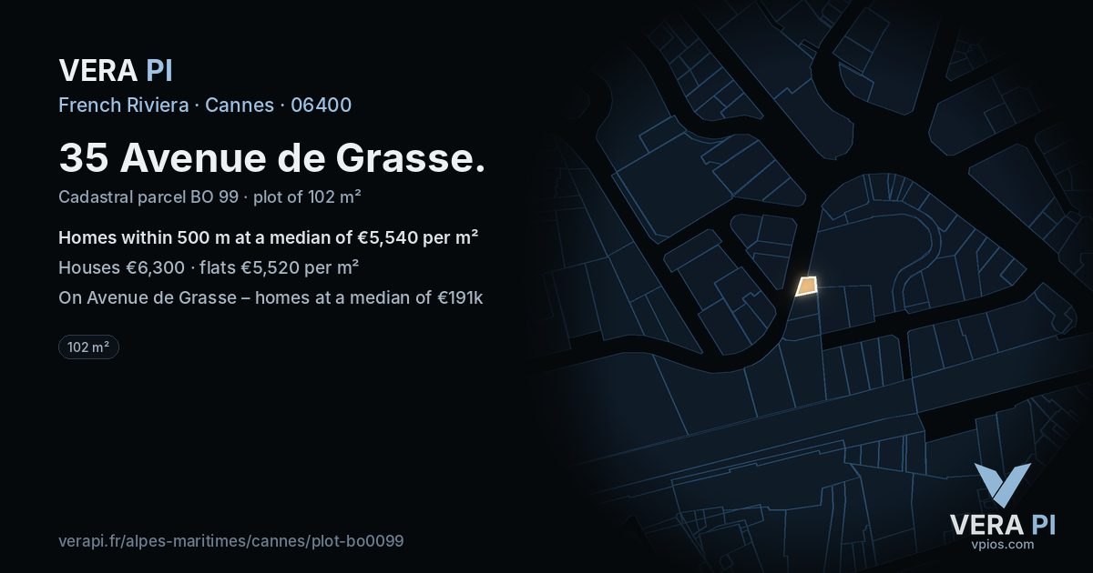 35 Avenue de Grasse, Cannes at night – the plot lit, the parcels around coloured by the prices near them