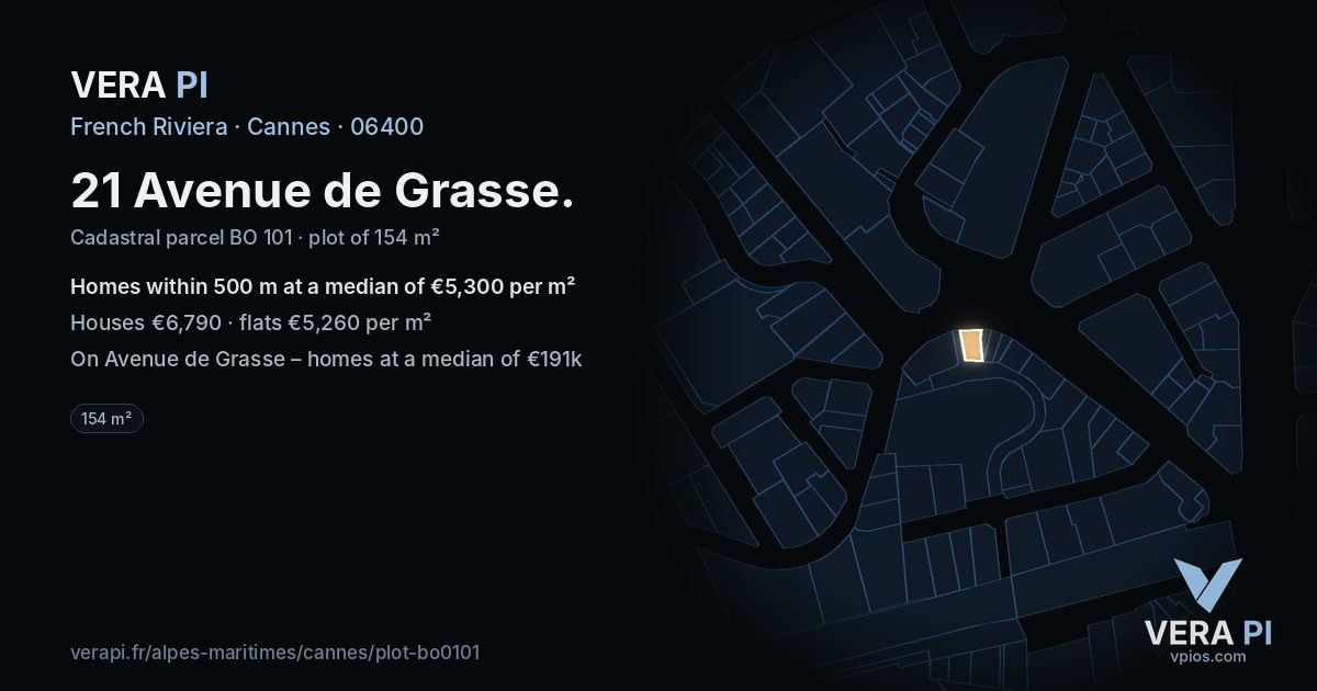 21 Avenue de Grasse, Cannes at night – the plot lit, the parcels around coloured by the prices near them