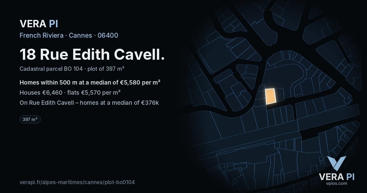 18 Rue Edith Cavell, Cannes at night – the plot lit, the parcels around coloured by the prices near them