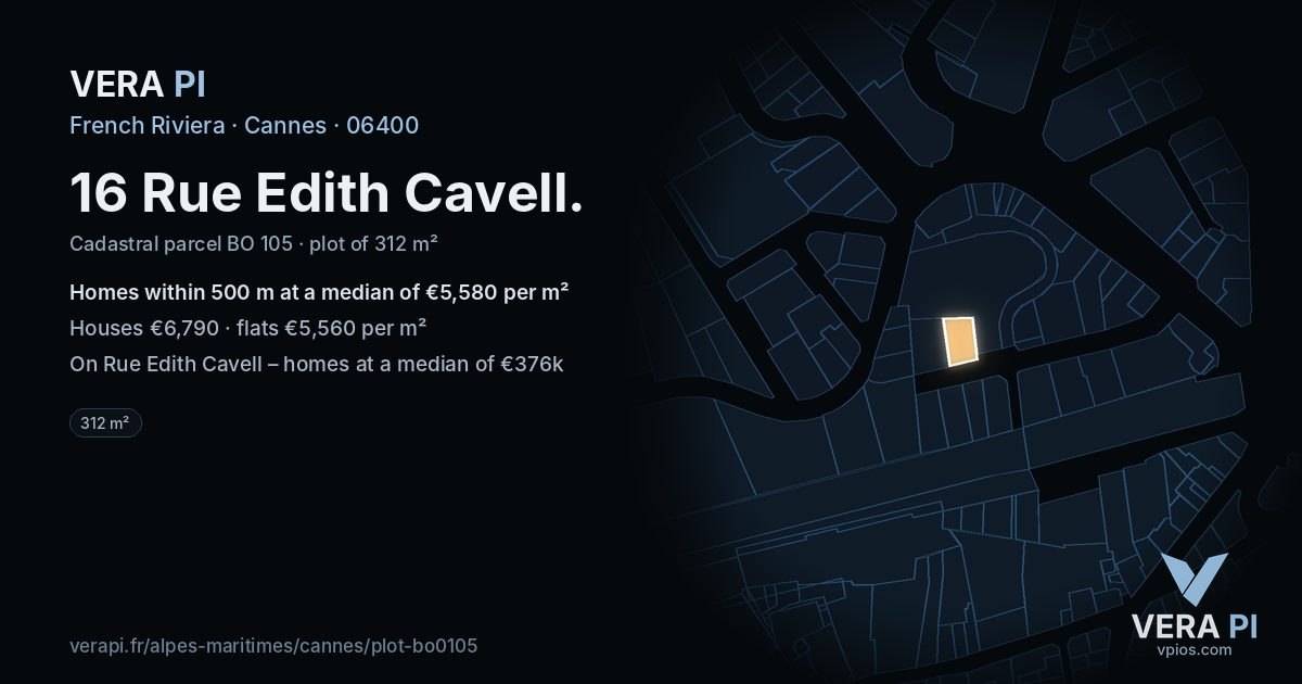 16 Rue Edith Cavell, Cannes at night – the plot lit, the parcels around coloured by the prices near them