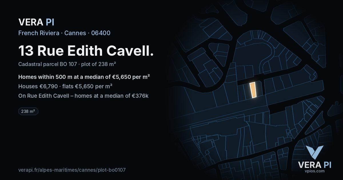 13 Rue Edith Cavell, Cannes at night – the plot lit, the parcels around coloured by the prices near them