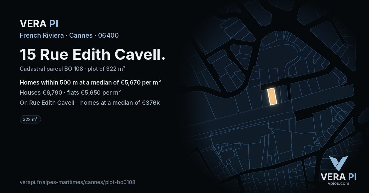 15 Rue Edith Cavell, Cannes at night – the plot lit, the parcels around coloured by the prices near them