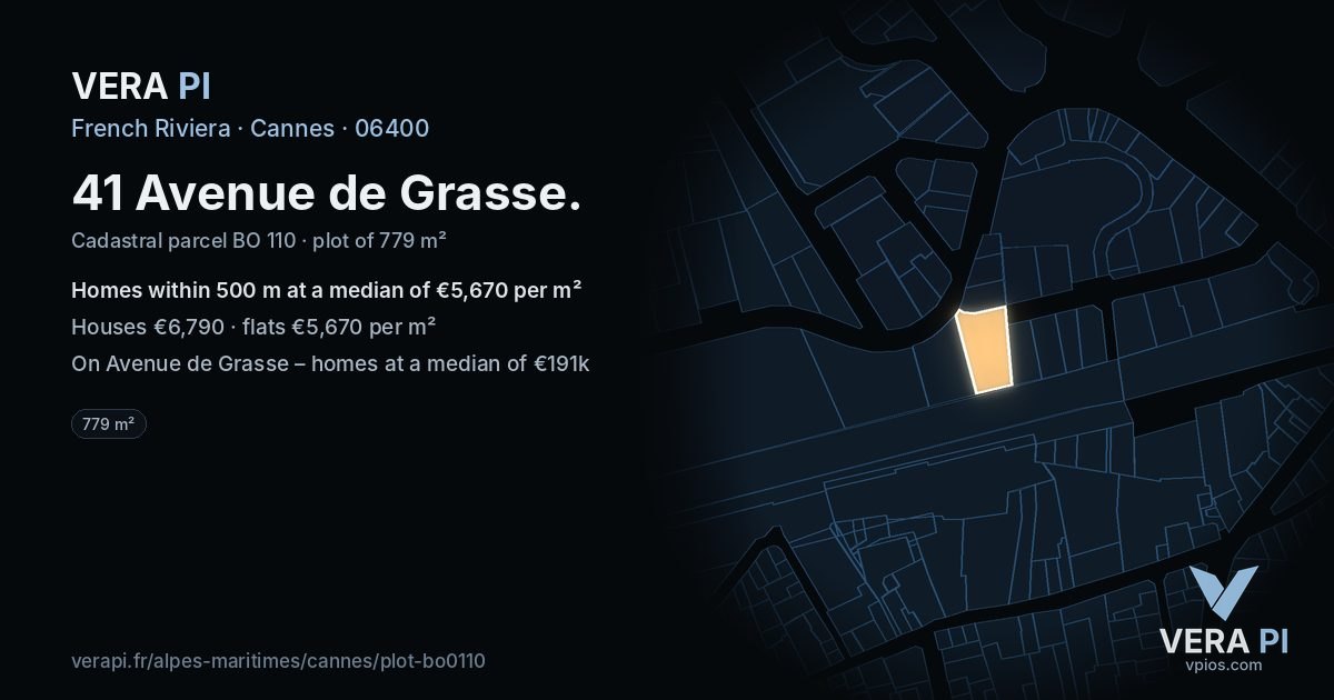 41 Avenue de Grasse, Cannes at night – the plot lit, the parcels around coloured by the prices near them