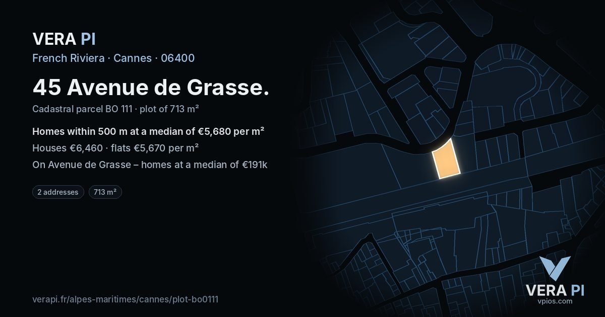 45 Avenue de Grasse, Cannes at night – the plot lit, the parcels around coloured by the prices near them