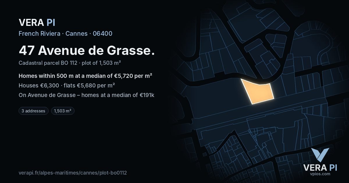 47 Avenue de Grasse, Cannes at night – the plot lit, the parcels around coloured by the prices near them