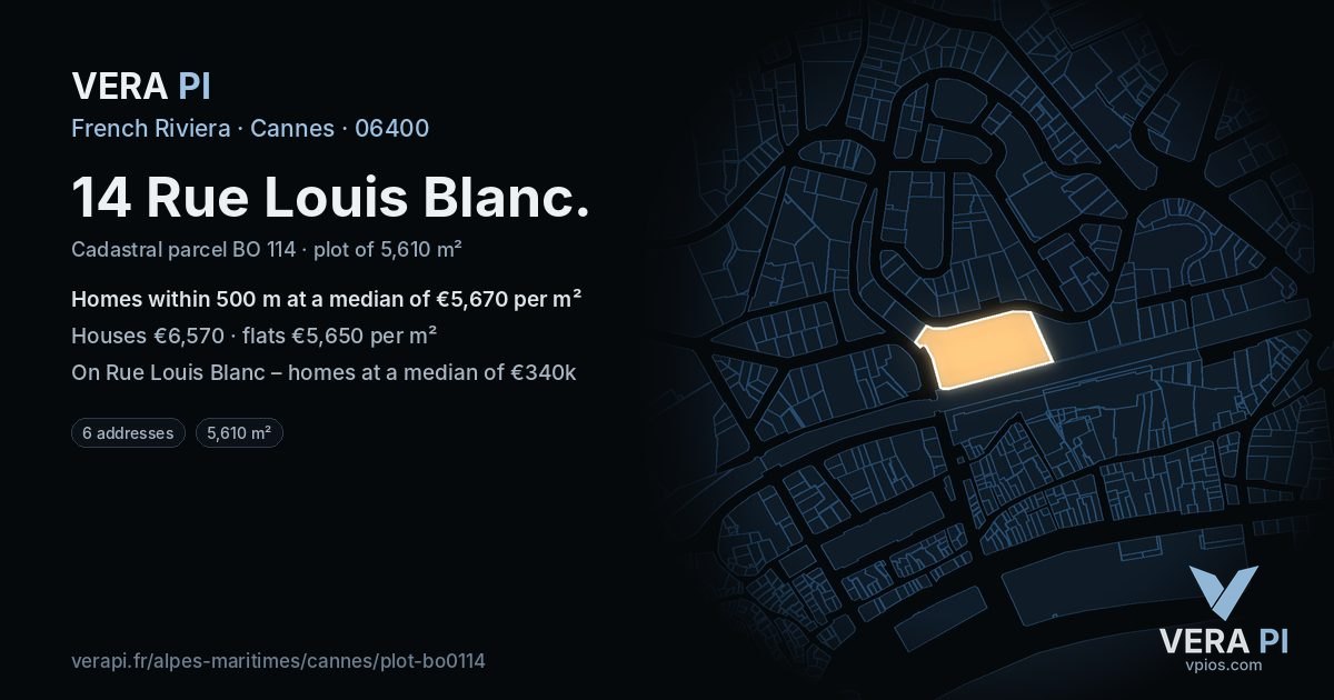 14 Rue Louis Blanc, Cannes at night – the plot lit, the parcels around coloured by the prices near them