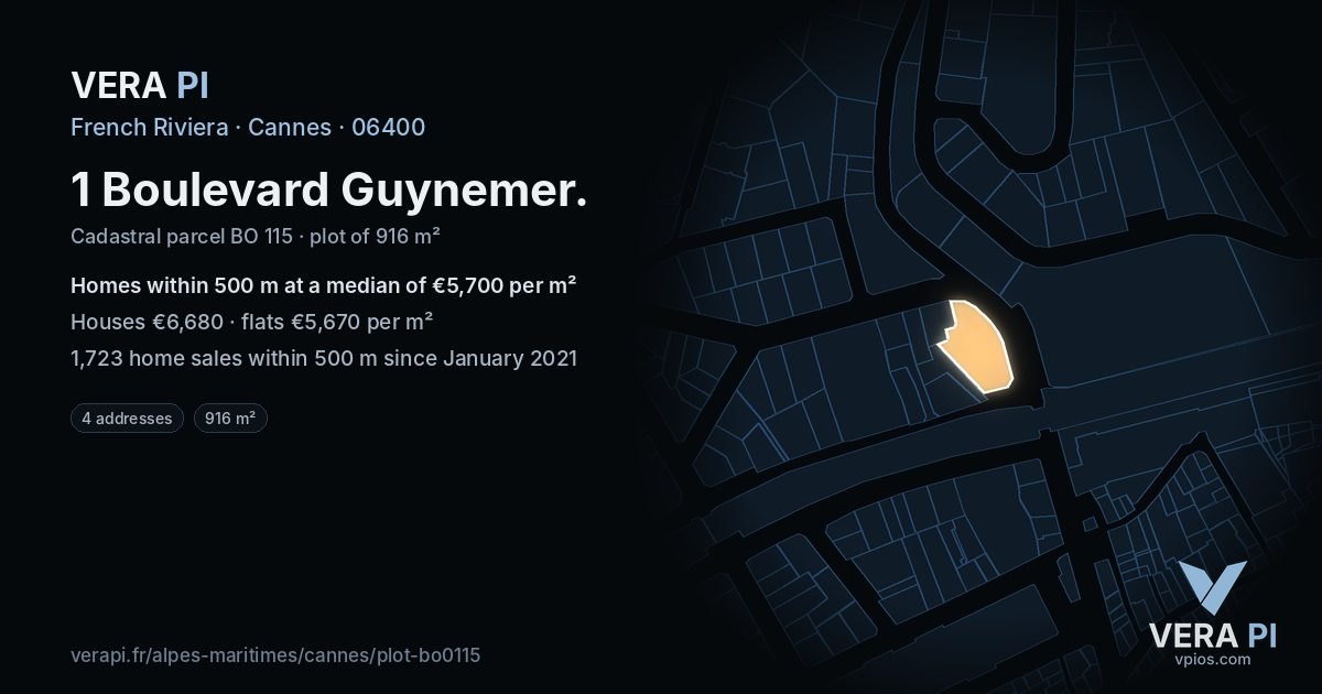 1 Boulevard Guynemer, Cannes at night – the plot lit, the parcels around coloured by the prices near them