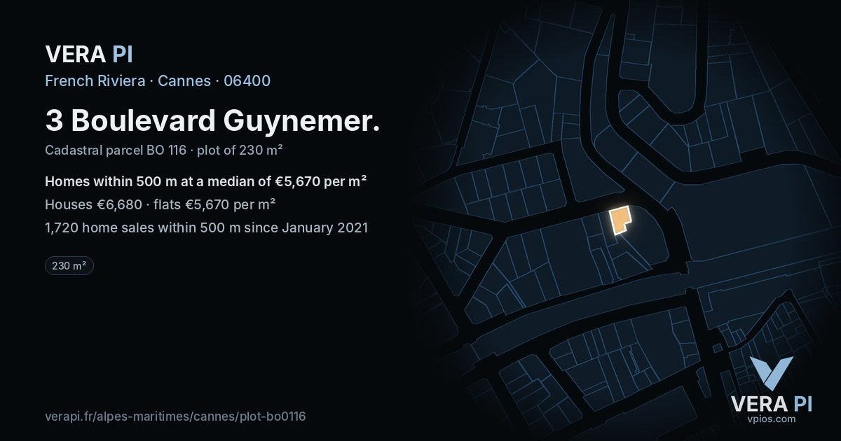 3 Boulevard Guynemer, Cannes at night – the plot lit, the parcels around coloured by the prices near them