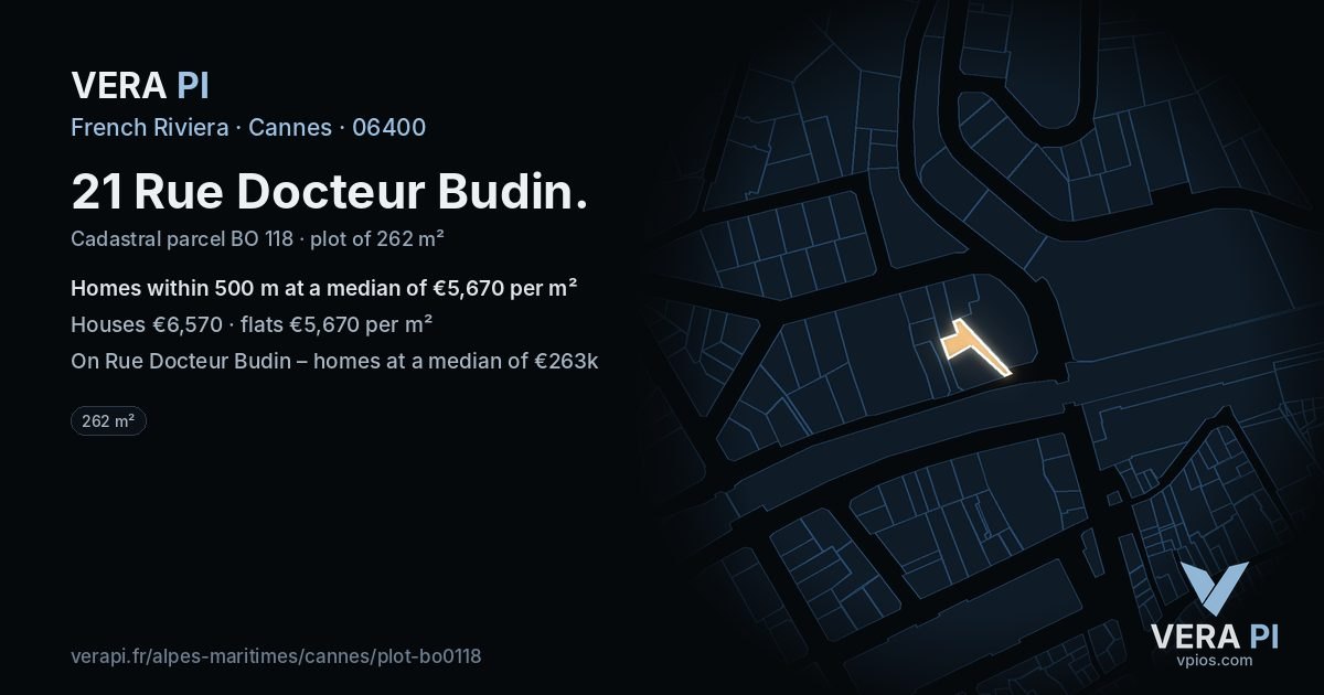 21 Rue Docteur Budin, Cannes at night – the plot lit, the parcels around coloured by the prices near them