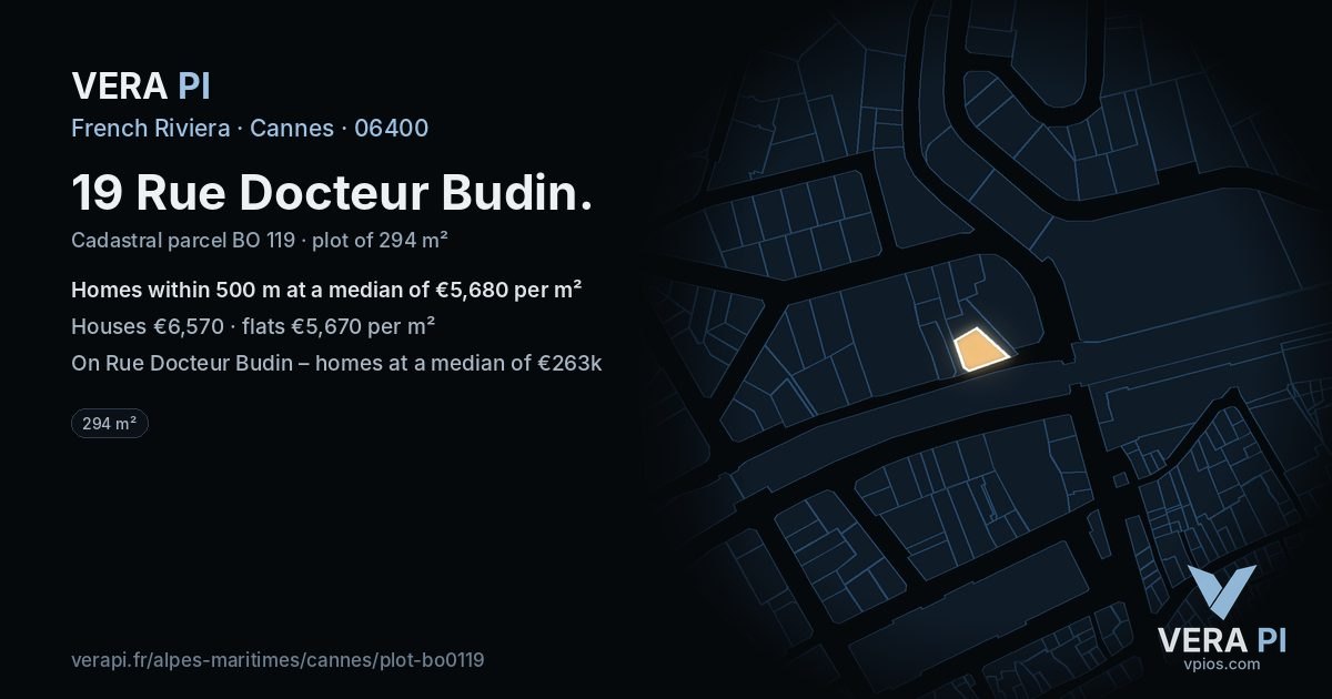 19 Rue Docteur Budin, Cannes at night – the plot lit, the parcels around coloured by the prices near them