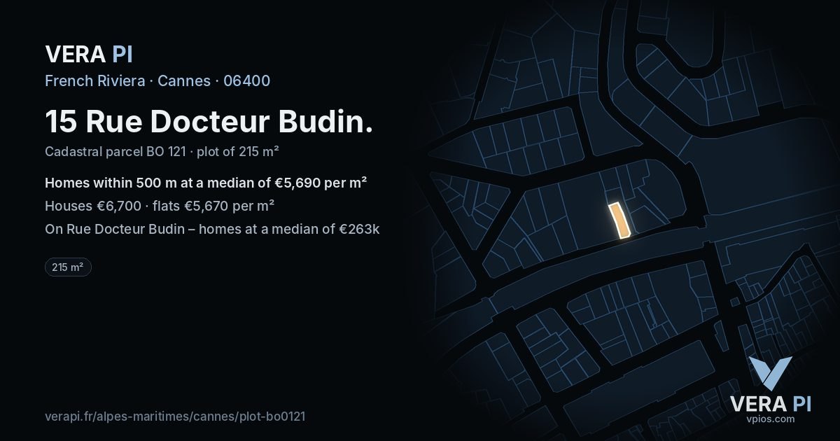 15 Rue Docteur Budin, Cannes at night – the plot lit, the parcels around coloured by the prices near them