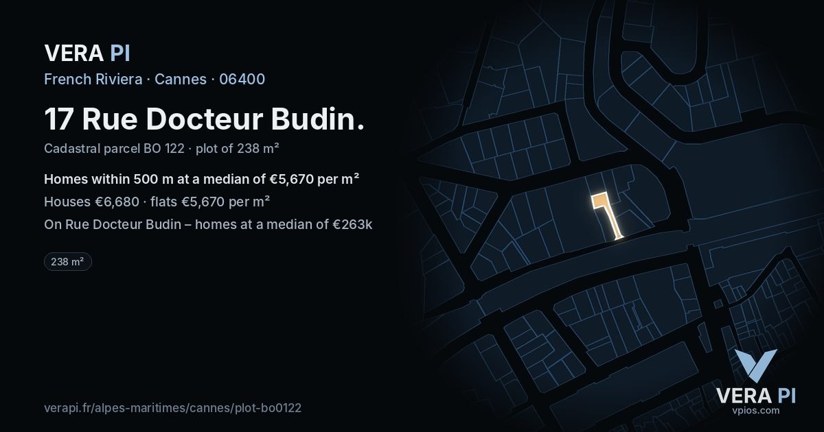 17 Rue Docteur Budin, Cannes at night – the plot lit, the parcels around coloured by the prices near them