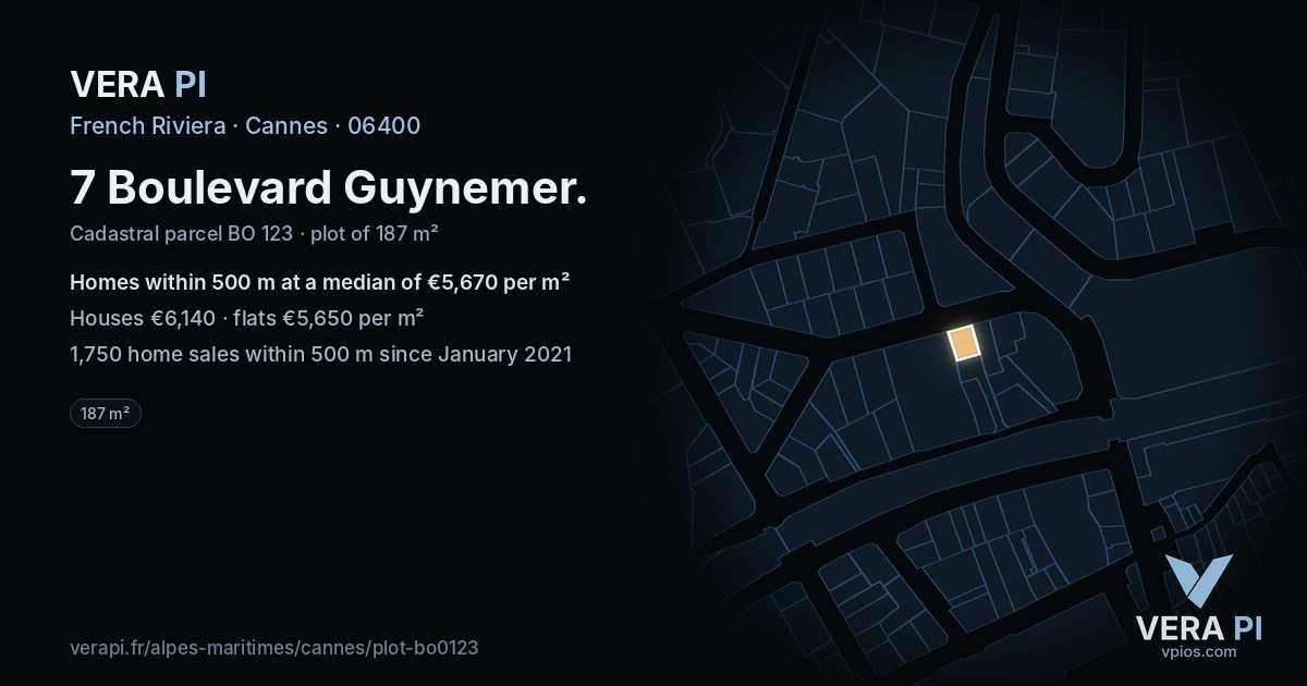 7 Boulevard Guynemer, Cannes at night – the plot lit, the parcels around coloured by the prices near them