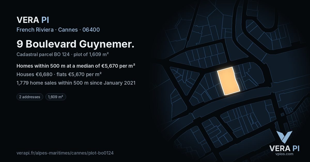 9 Boulevard Guynemer, Cannes at night – the plot lit, the parcels around coloured by the prices near them