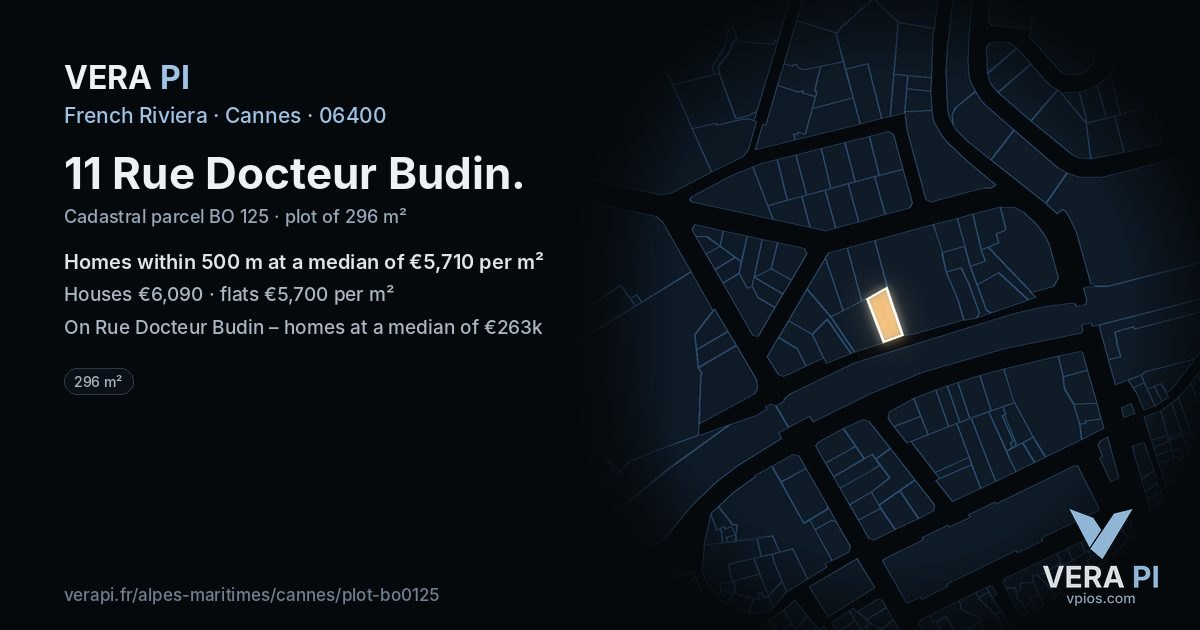 11 Rue Docteur Budin, Cannes at night – the plot lit, the parcels around coloured by the prices near them