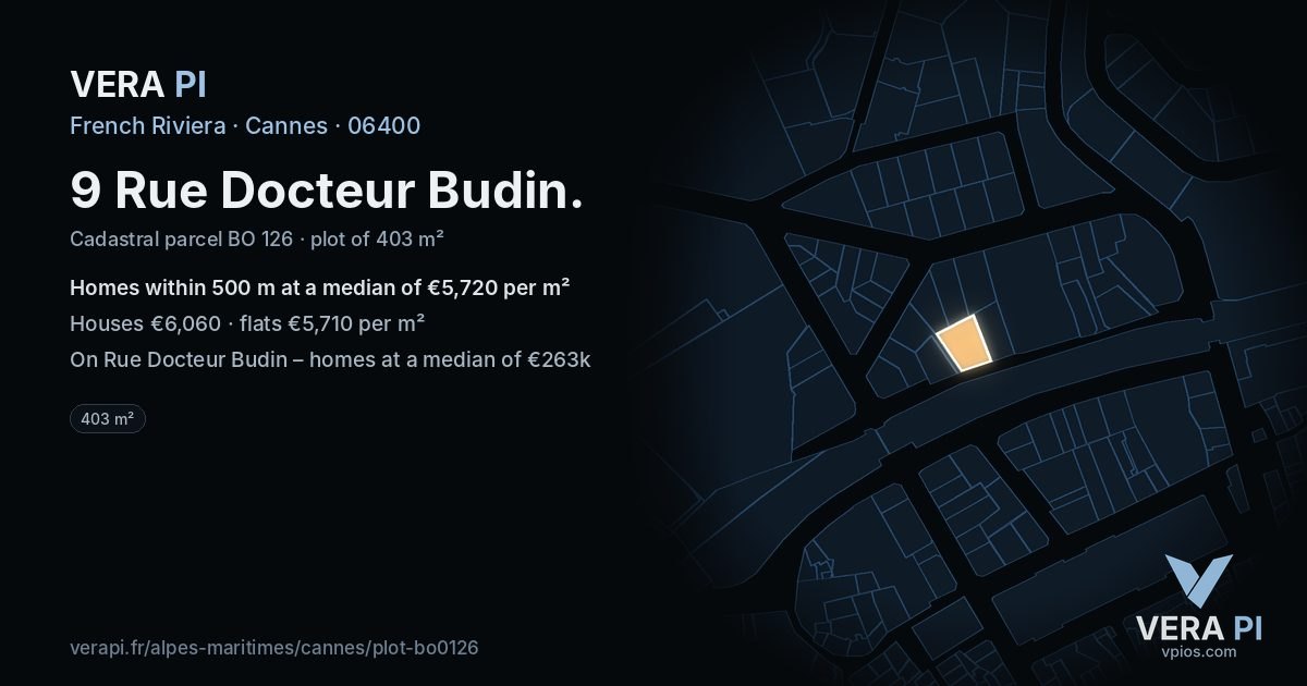9 Rue Docteur Budin, Cannes at night – the plot lit, the parcels around coloured by the prices near them