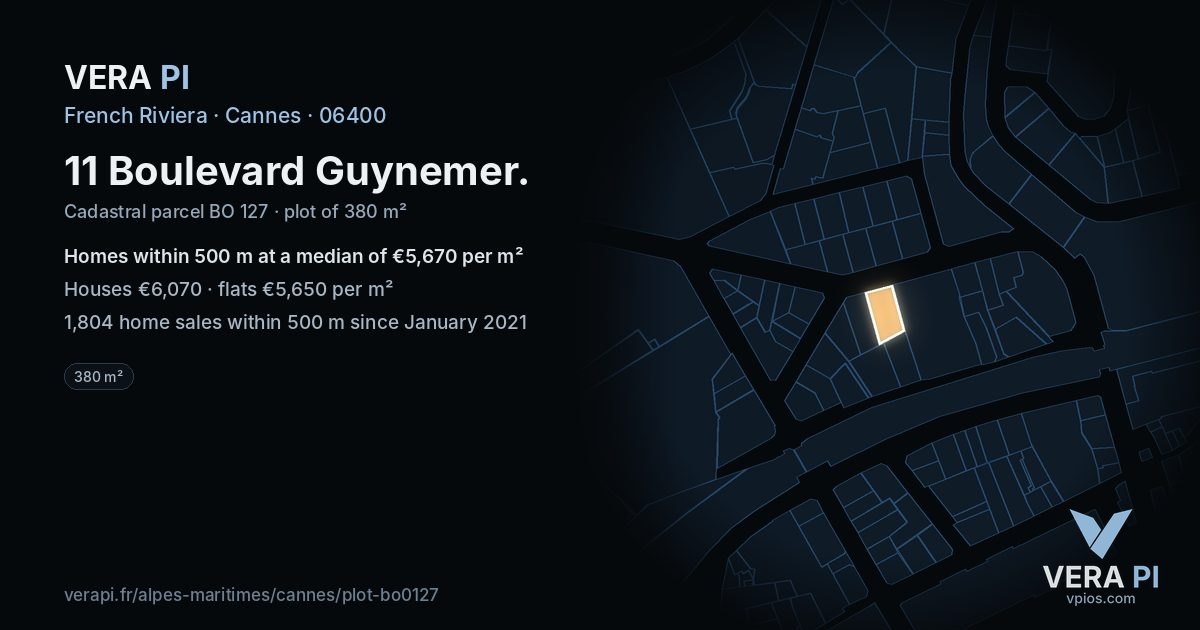 11 Boulevard Guynemer, Cannes at night – the plot lit, the parcels around coloured by the prices near them