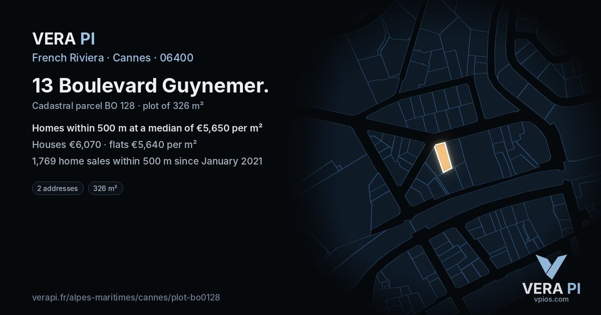 13 Boulevard Guynemer, Cannes at night – the plot lit, the parcels around coloured by the prices near them