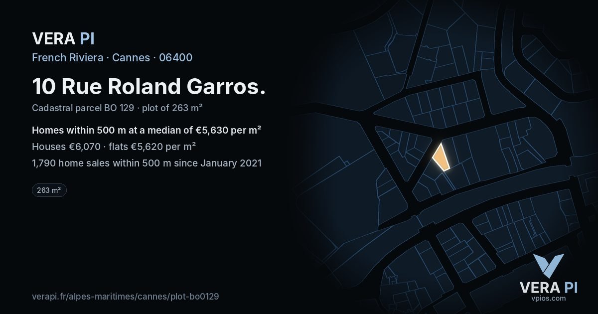 10 Rue Roland Garros, Cannes at night – the plot lit, the parcels around coloured by the prices near them