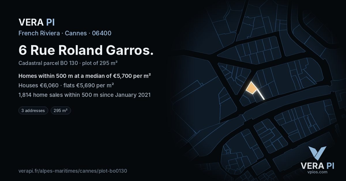 6 Rue Roland Garros, Cannes at night – the plot lit, the parcels around coloured by the prices near them